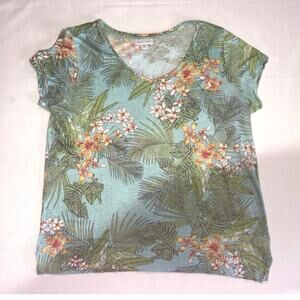 J. Jill Love Linen Tropical Palm Floral V-Neck Tee Teal Green Womens XS